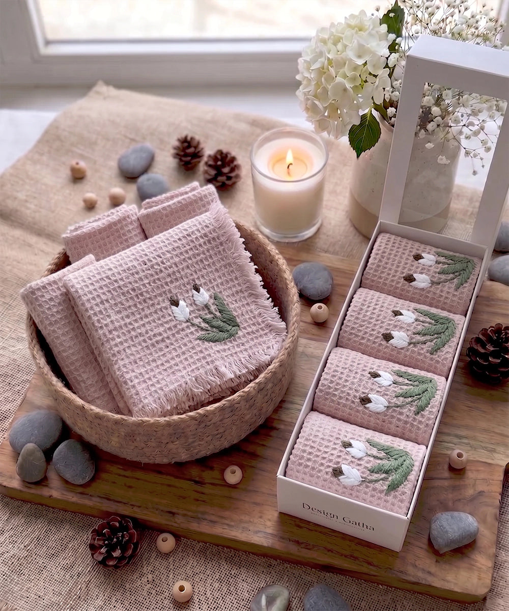 Embroidered Face Towel - Set of 4 pcs in Soft Cotton Waffle | Dusty Pink