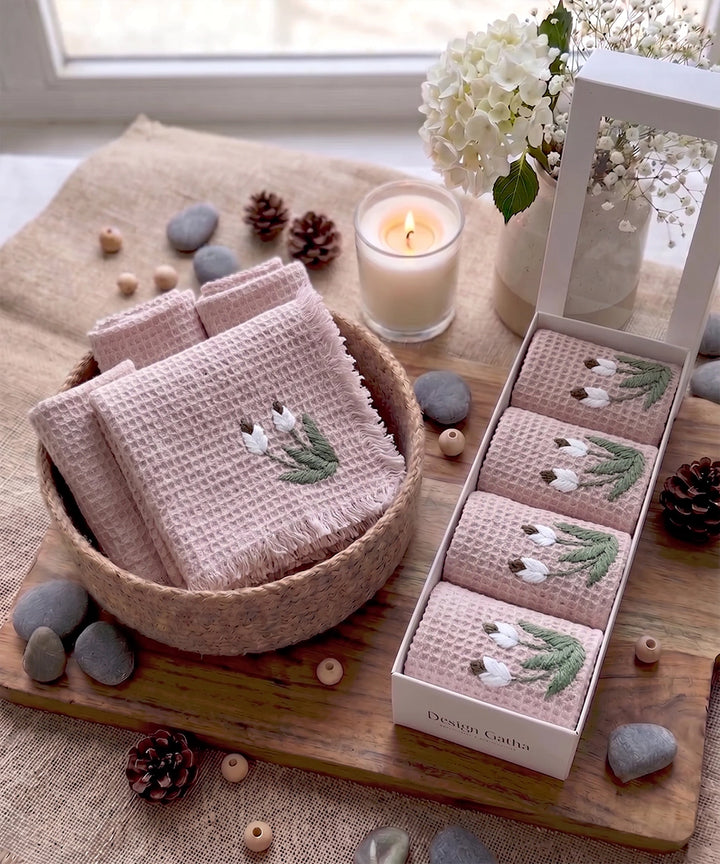 Embroidered Face Towel - Set of 4 pcs in Soft Cotton Waffle | Dusty Pink