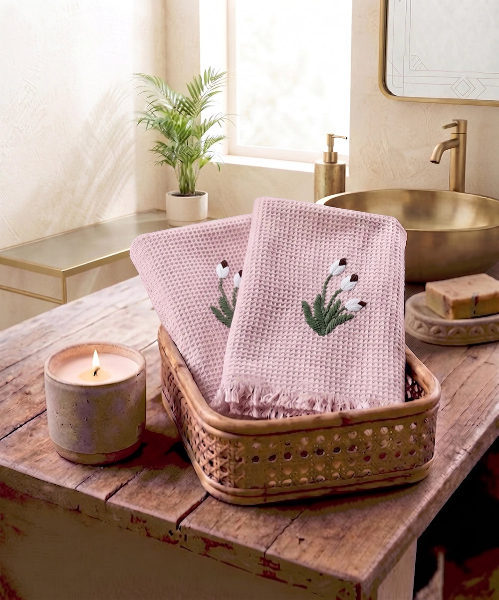 Embroidered Hand Towel - Set of 2 pcs in Cotton Waffle | Victorian Garden Dusty Pink