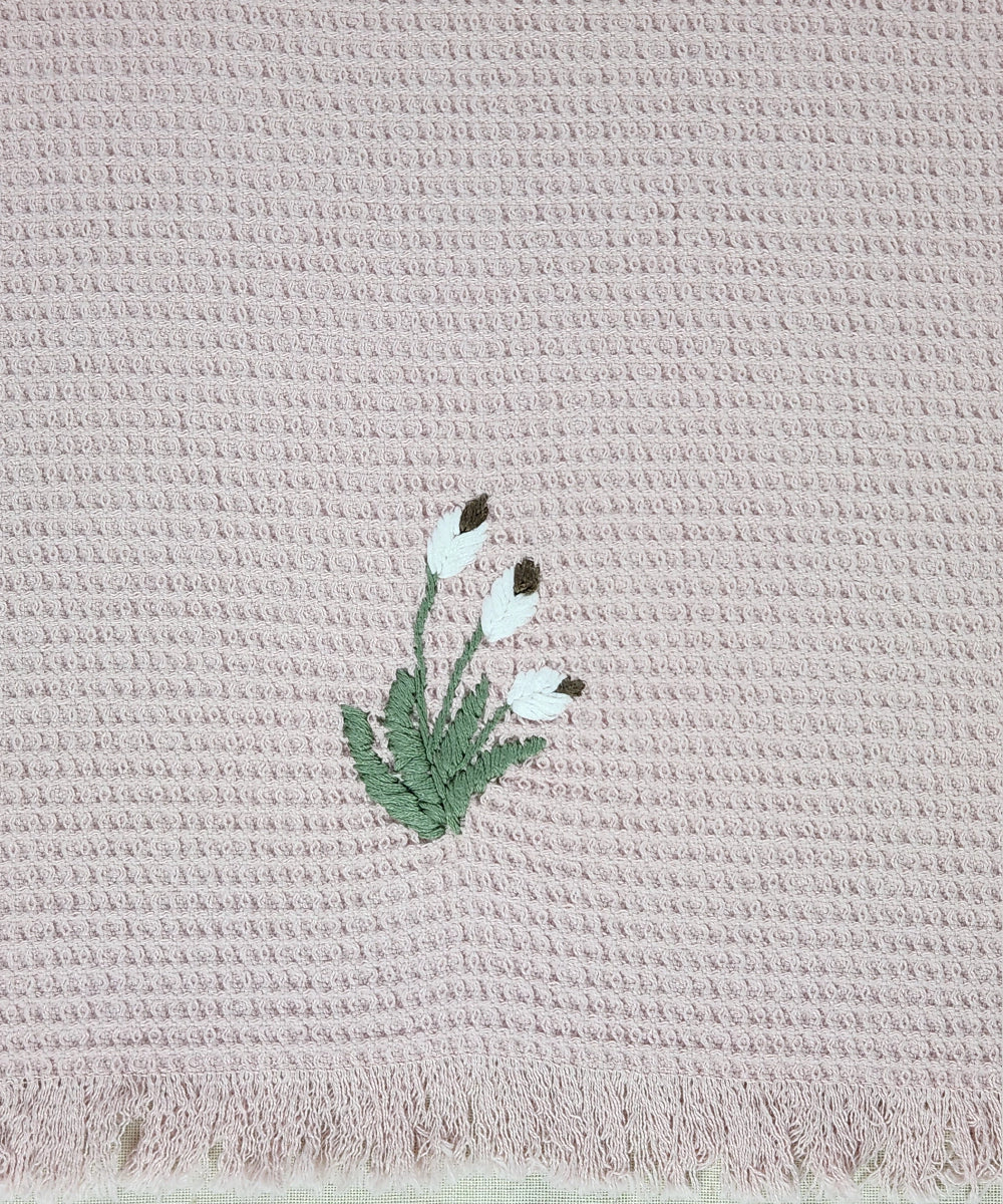 Embroidered Hand Towel - Set of 2 pcs in Cotton Waffle | Victorian Garden Dusty Pink