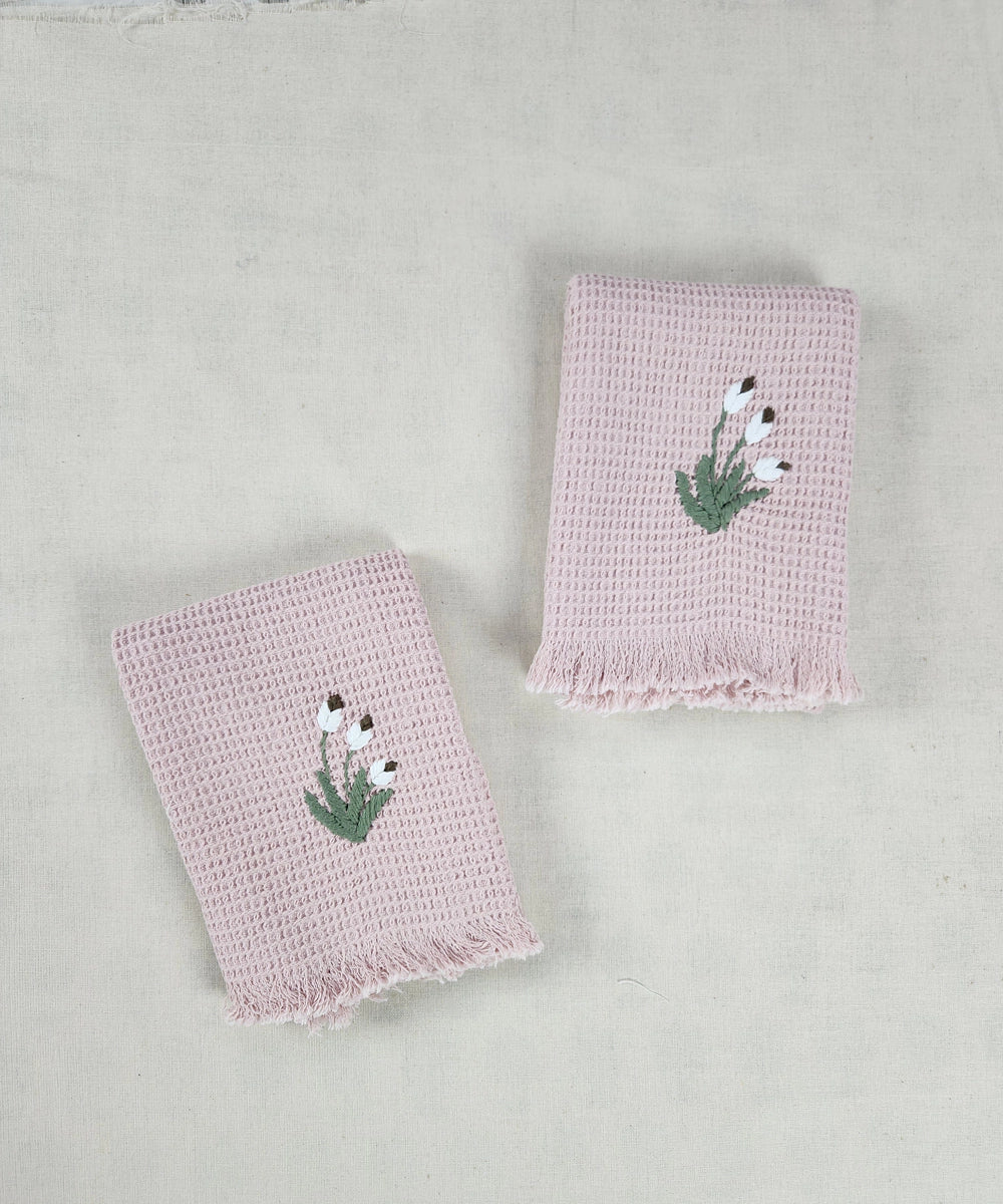 Embroidered Hand Towel - Set of 2 pcs in Cotton Waffle | Victorian Garden Dusty Pink