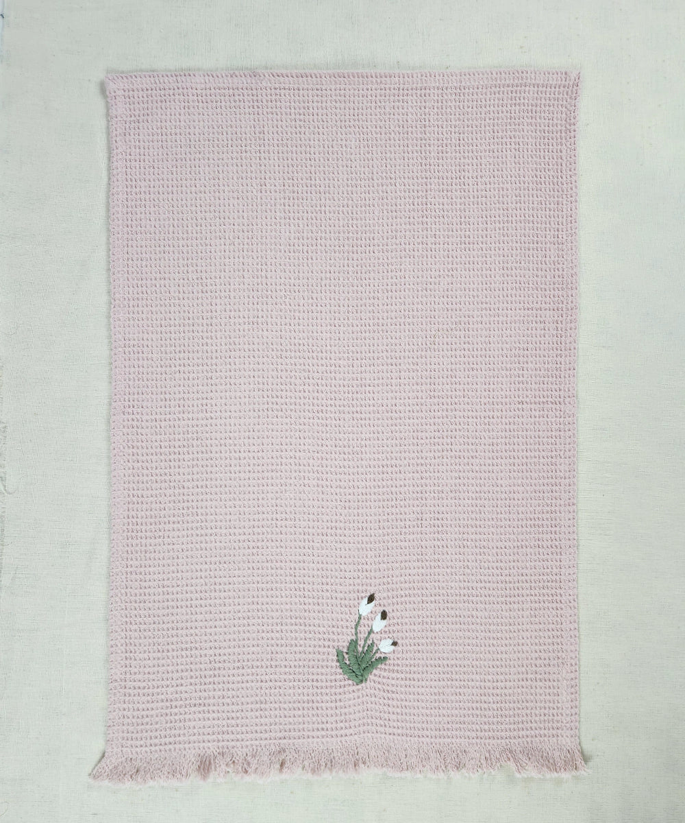 Embroidered Hand Towel - Set of 2 pcs in Cotton Waffle | Victorian Garden Dusty Pink