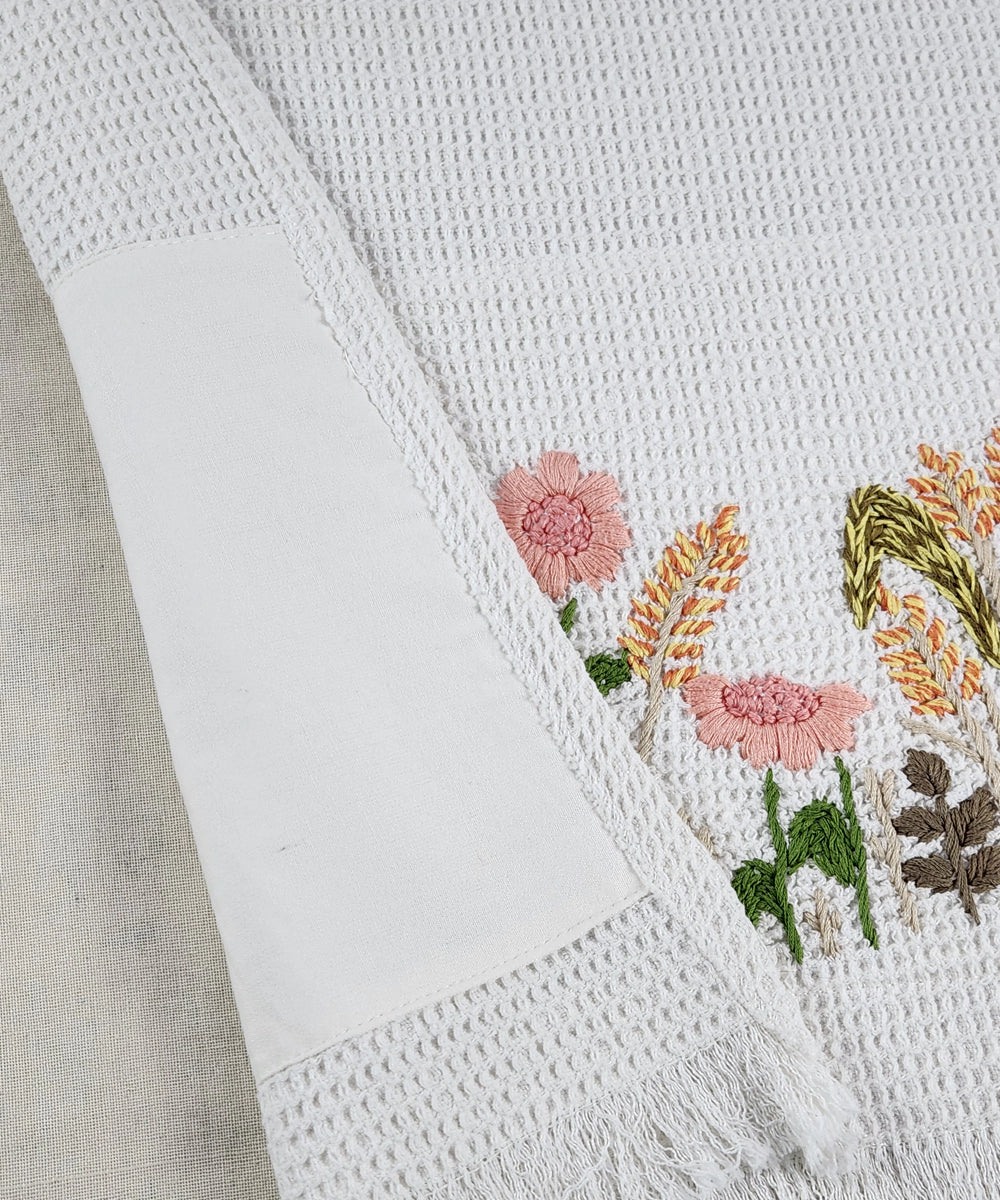 Embroidered 1 Pc Bath and 2 Pcs Hand Towel Set | Cotton Waffle Fabric | White