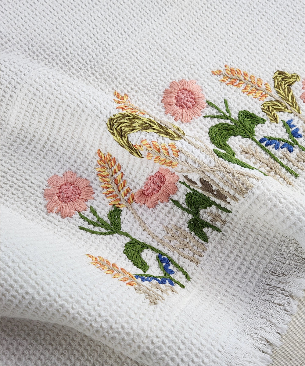 Embroidered Bath Towel | Soft Cotton Waffle | Whitefield Bloom Off White