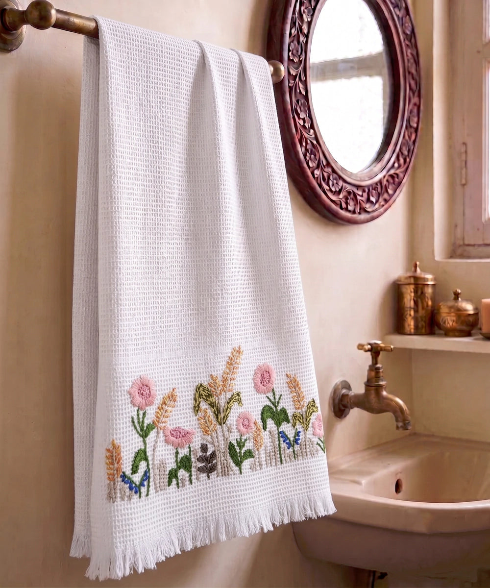 Embroidered Bath Towel | Soft Cotton Waffle | Whitefield Bloom Off White