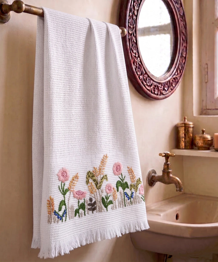 Embroidered Bath Towel | Soft Cotton Waffle | Whitefield Bloom Off White