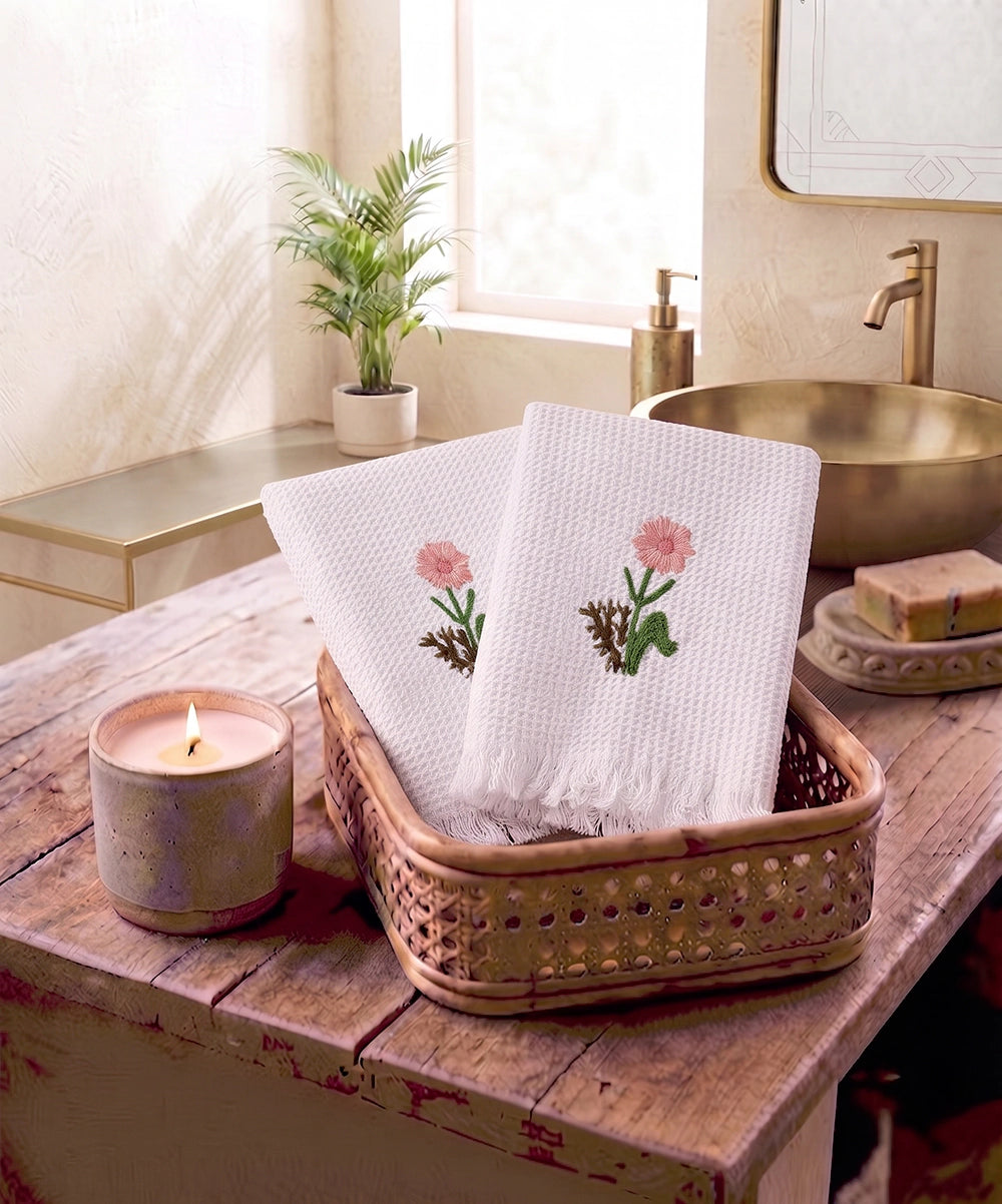 Embroidered Hand Towel - Set of 2 pcs in Cotton Waffle | Whitefield Bloom Off White