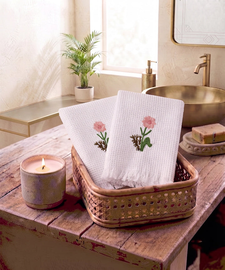 Embroidered Hand Towel - Set of 2 pcs in Cotton Waffle | Whitefield Bloom Off White