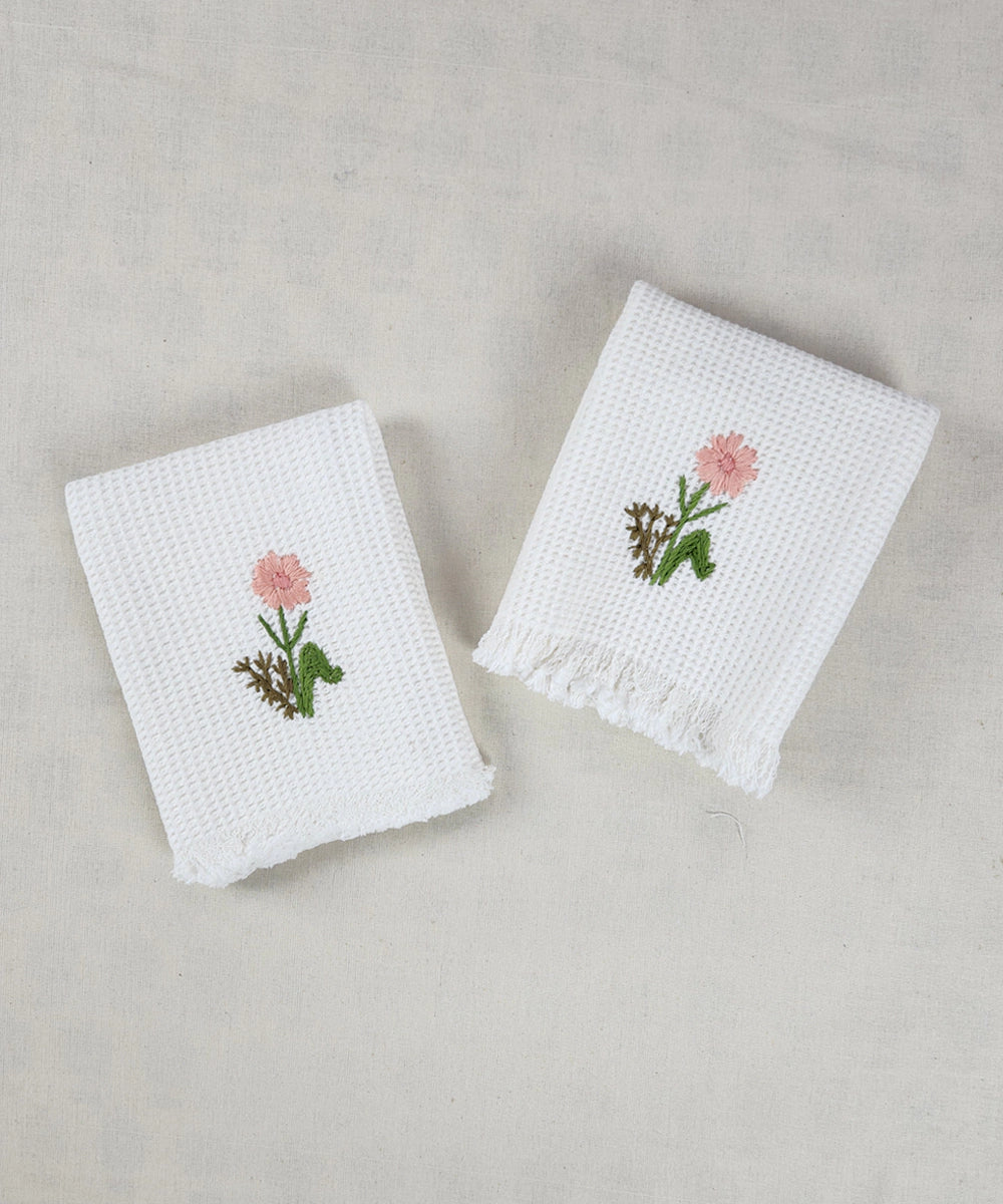 Embroidered Hand Towel - Set of 2 pcs in Cotton Waffle | Whitefield Bloom Off White