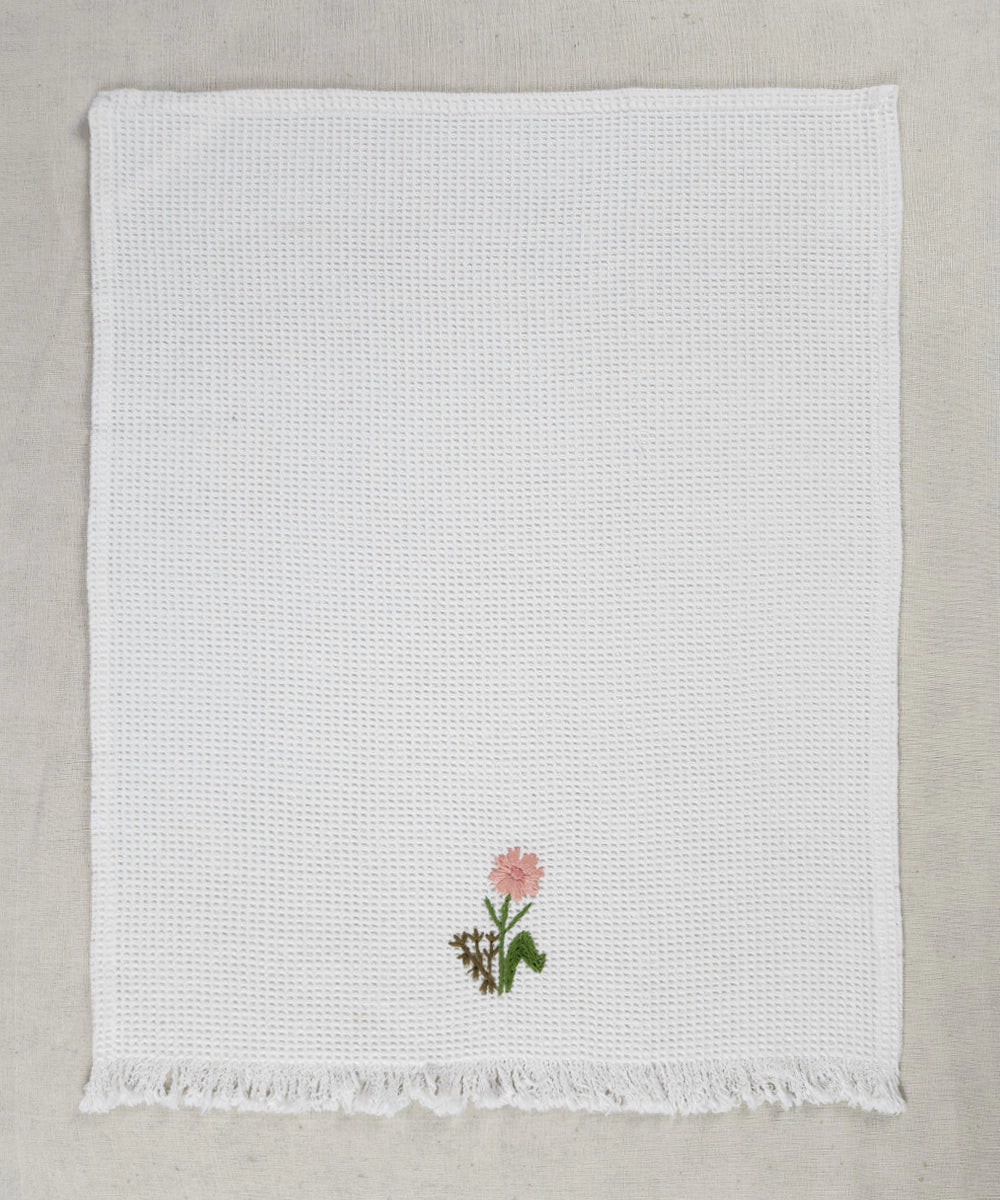 Embroidered Hand Towel - Set of 2 pcs in Cotton Waffle | Whitefield Bloom Off White