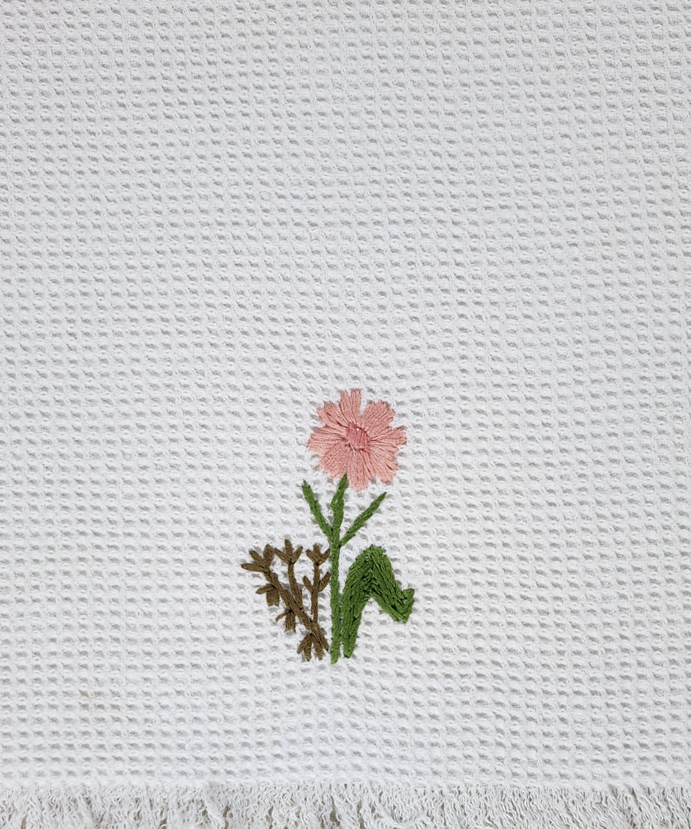 Embroidered Hand Towel - Set of 2 pcs in Cotton Waffle | Whitefield Bloom Off White