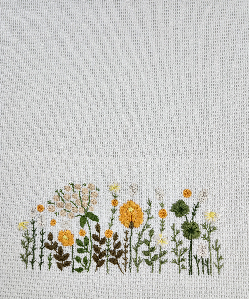 Embroidered Bath Towel | Soft Cotton Waffle | Saffron Sprint Off White