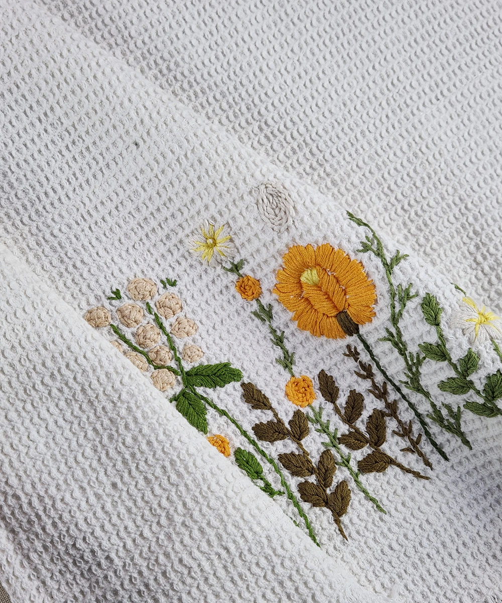 Embroidered Bath Towel | Soft Cotton Waffle | Saffron Sprint Off White
