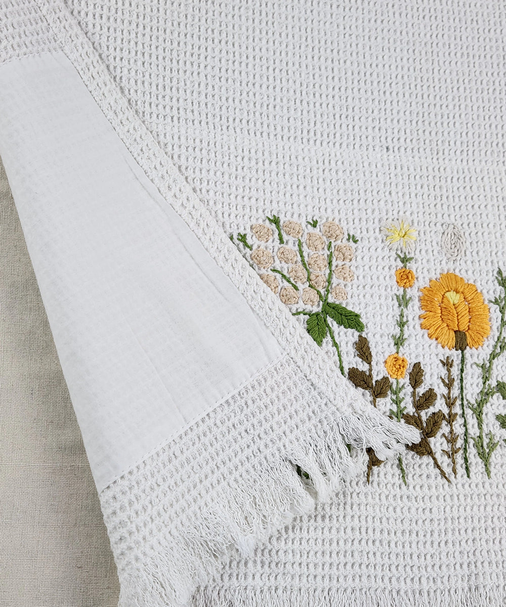 Embroidered Bath Towel | Soft Cotton Waffle | Saffron Sprint Off White