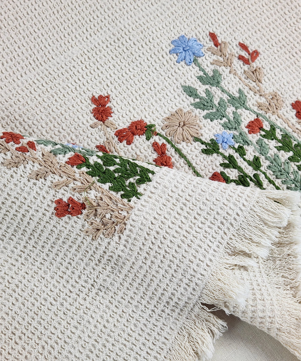 Embroidered Bath Towel | Soft Cotton Waffle | Berry Bloom Beige