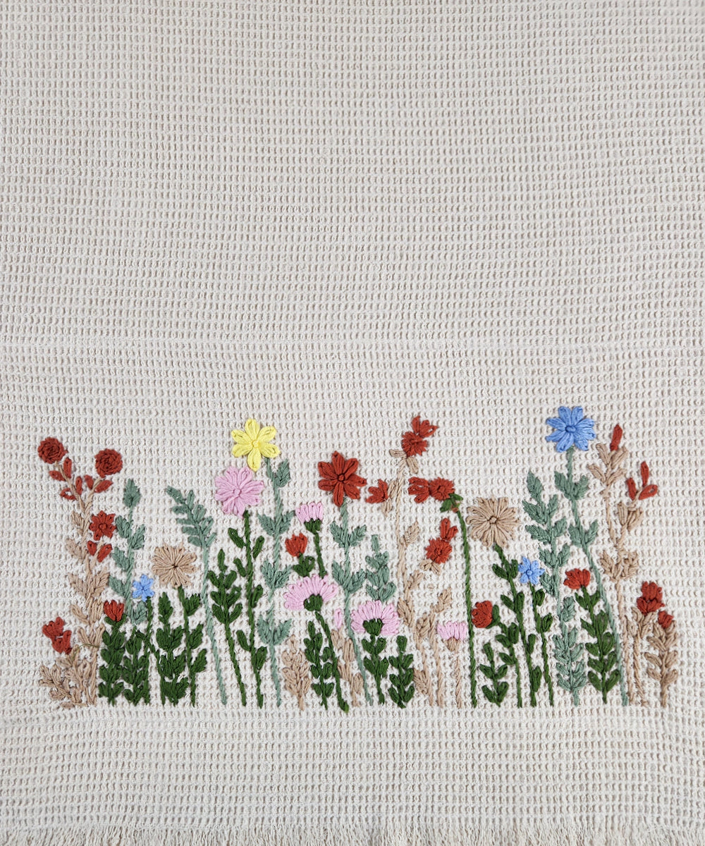 Embroidered Bath Towel | Soft Cotton Waffle | Berry Bloom Beige