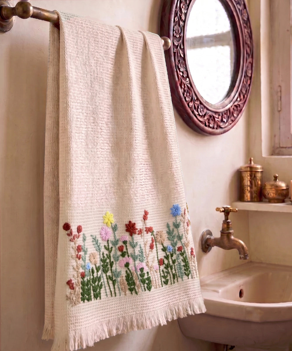 Embroidered Bath Towel | Soft Cotton Waffle | Berry Bloom Beige