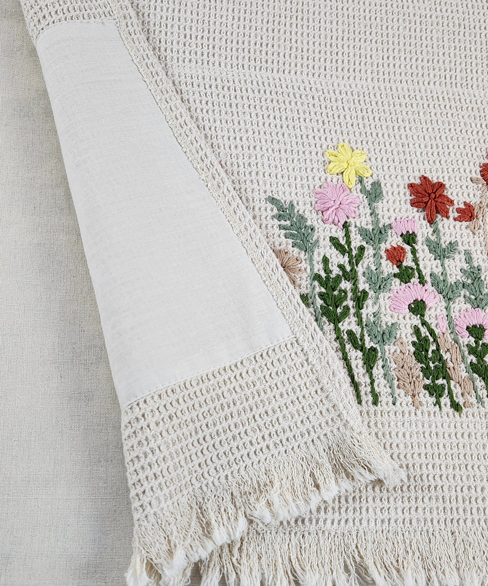 Embroidered Bath Towel | Soft Cotton Waffle | Berry Bloom Beige