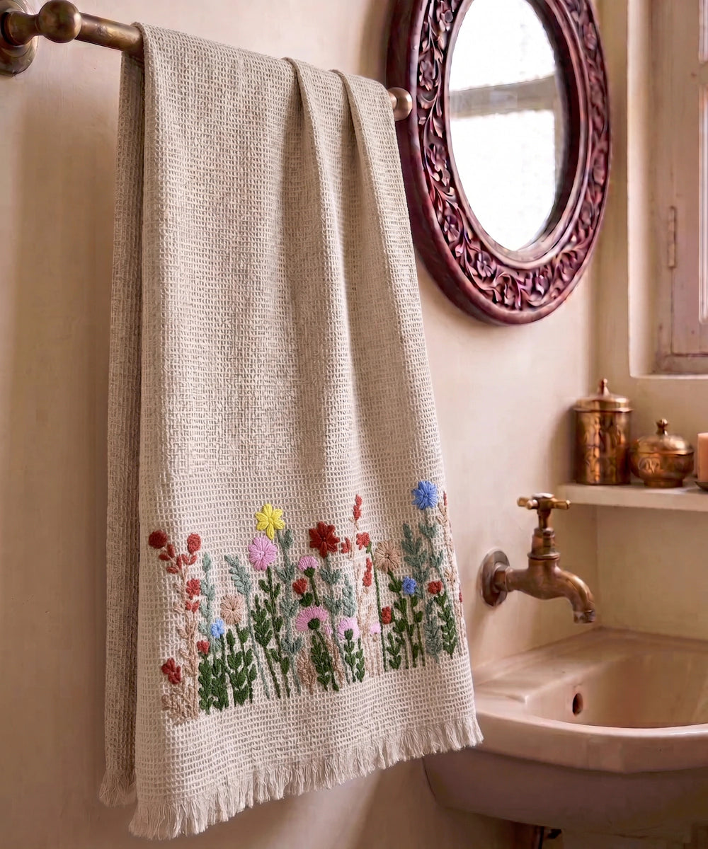 Embroidered Bath Towel | Soft Cotton Waffle | Berry Bloom Beige