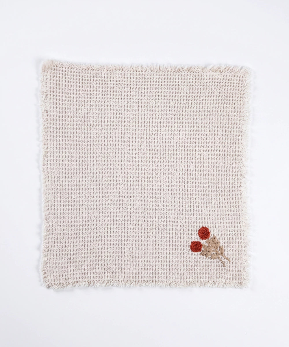 Embroidered Face Towel - Set of 4 pcs in Soft Cotton Waffle | Beige