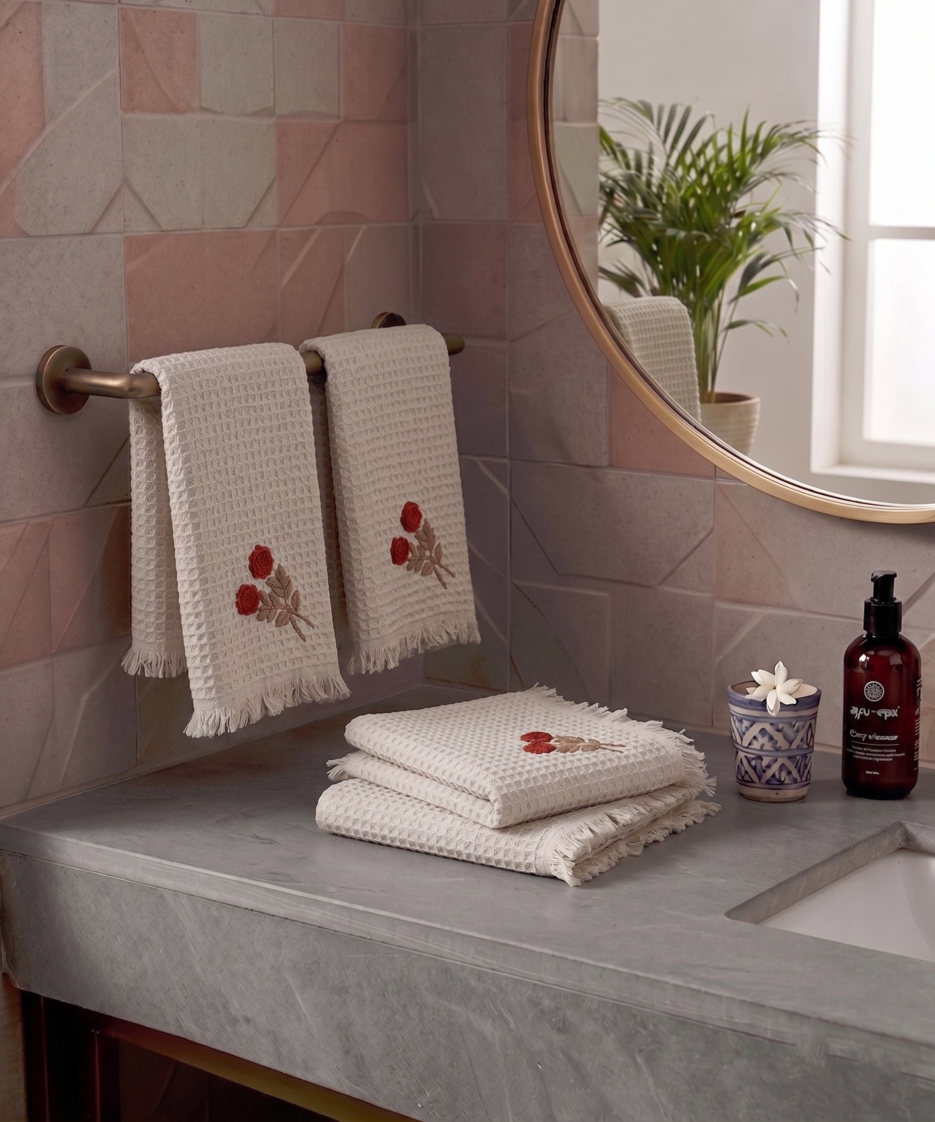 Embroidered Face Towel - Set of 4 pcs in Soft Cotton Waffle | Beige