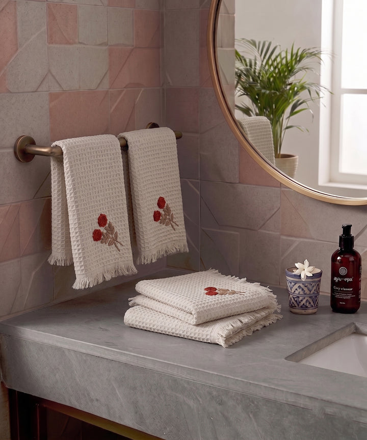Embroidered Face Towel - Set of 4 pcs in Soft Cotton Waffle | Beige