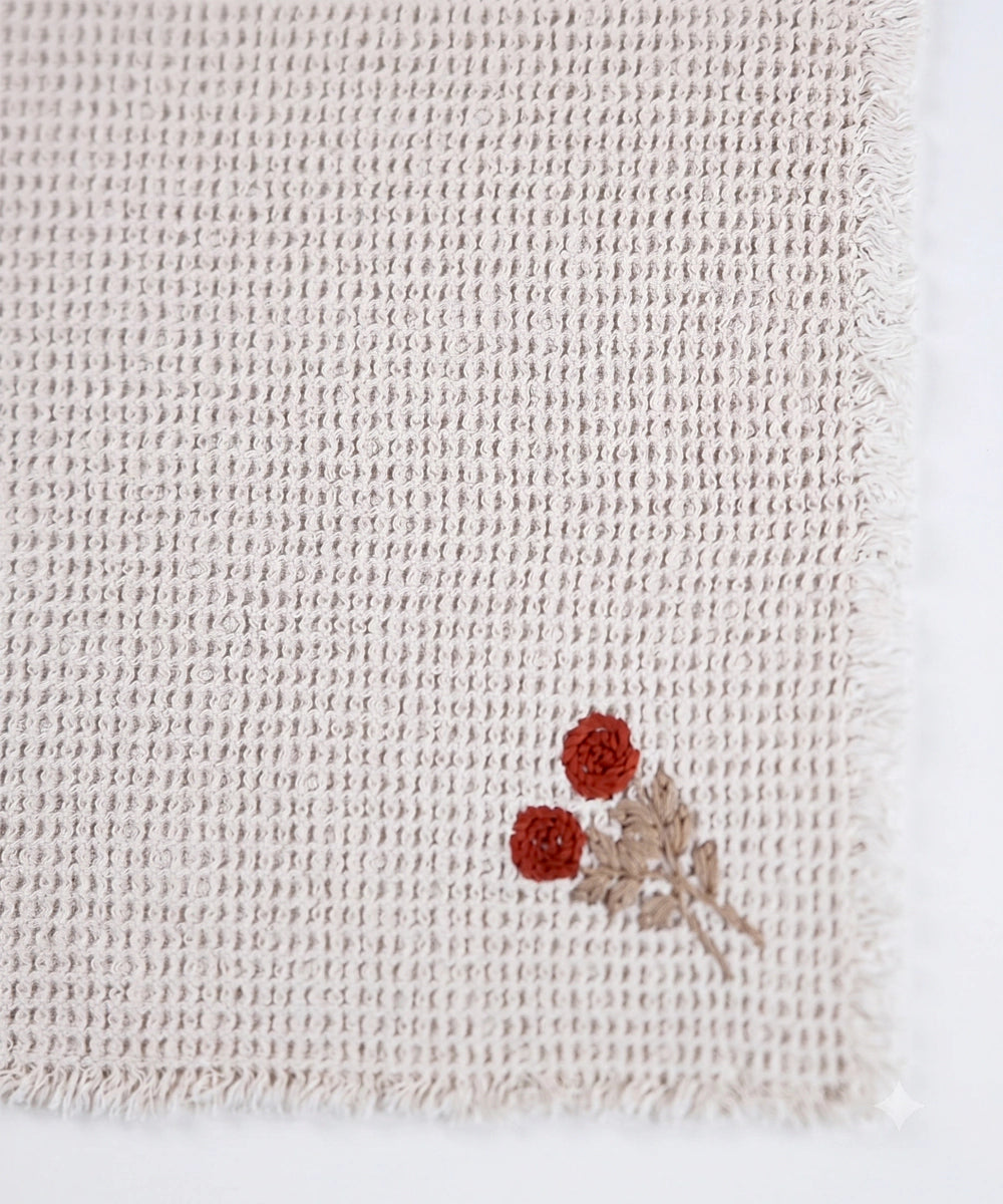 Embroidered Face Towel - Set of 4 pcs in Soft Cotton Waffle | Beige