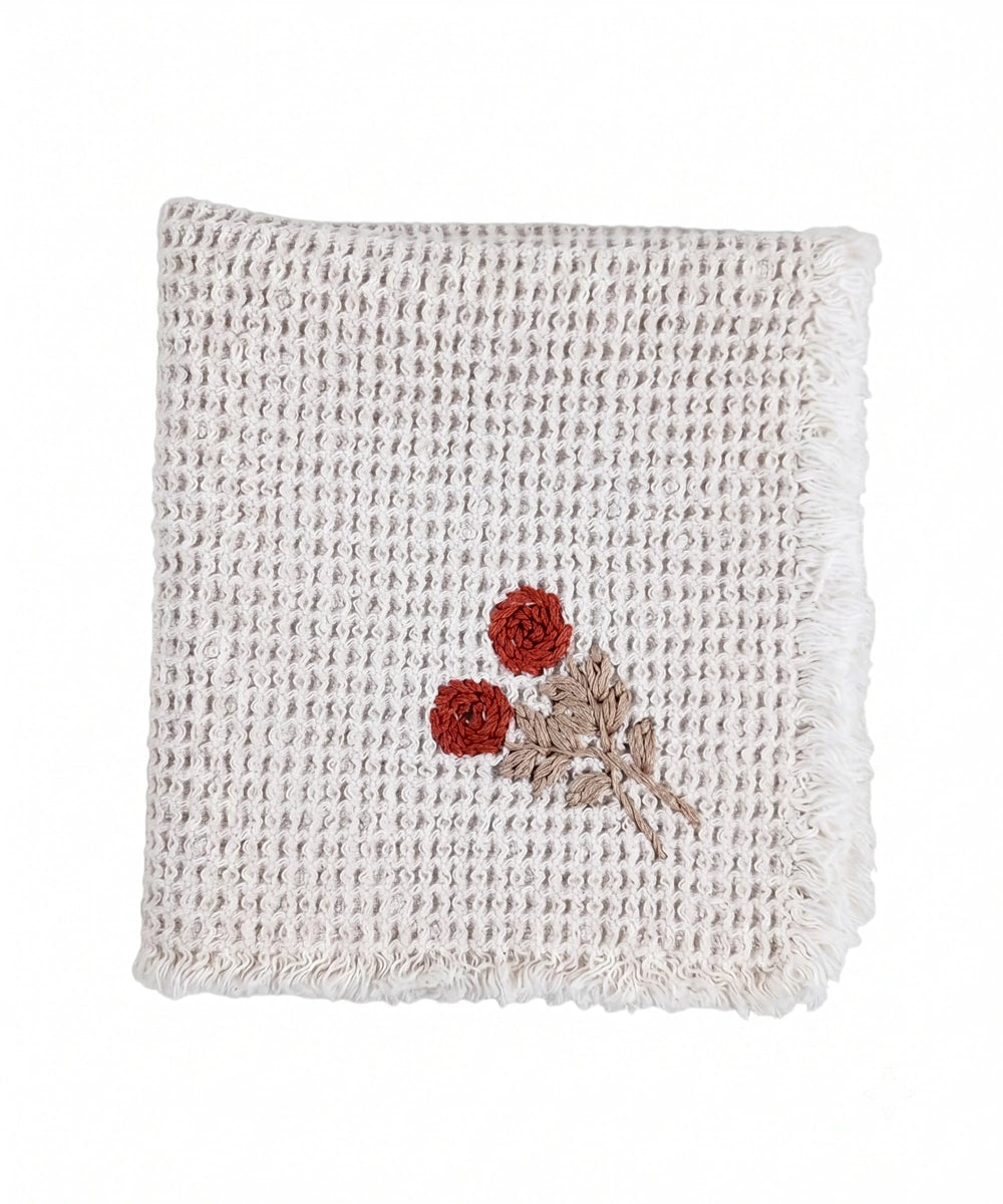 Embroidered Face Towel - Set of 4 pcs in Soft Cotton Waffle | Beige