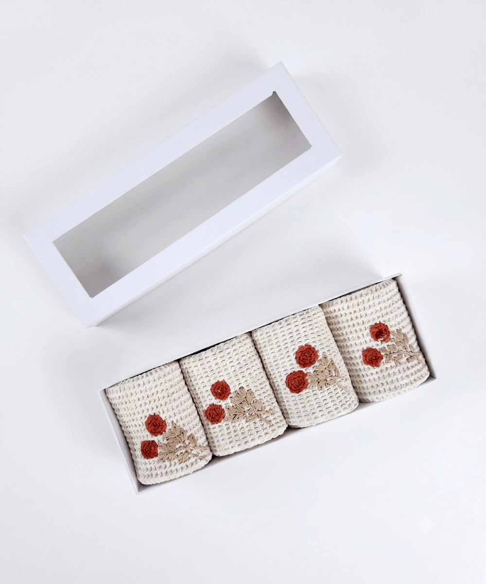 Embroidered Face Towel - Set of 4 pcs in Soft Cotton Waffle | Beige