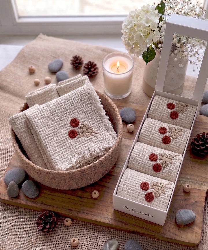 Embroidered Face Towel - Set of 4 pcs in Soft Cotton Waffle | Beige
