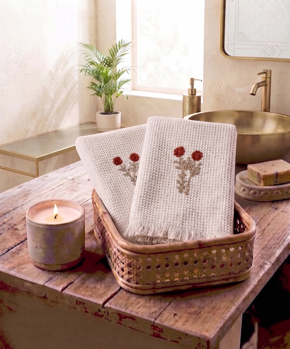 Embroidered Hand Towel - Set of 2 pcs in Cotton Waffle | Berry Bloom Beige