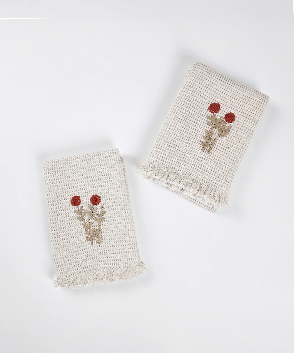 Embroidered Hand Towel - Set of 2 pcs in Cotton Waffle | Berry Bloom Beige