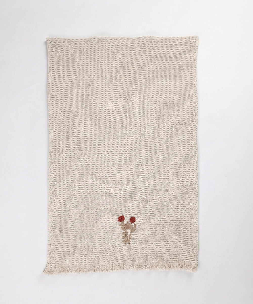 Embroidered Hand Towel - Set of 2 pcs in Cotton Waffle | Berry Bloom Beige