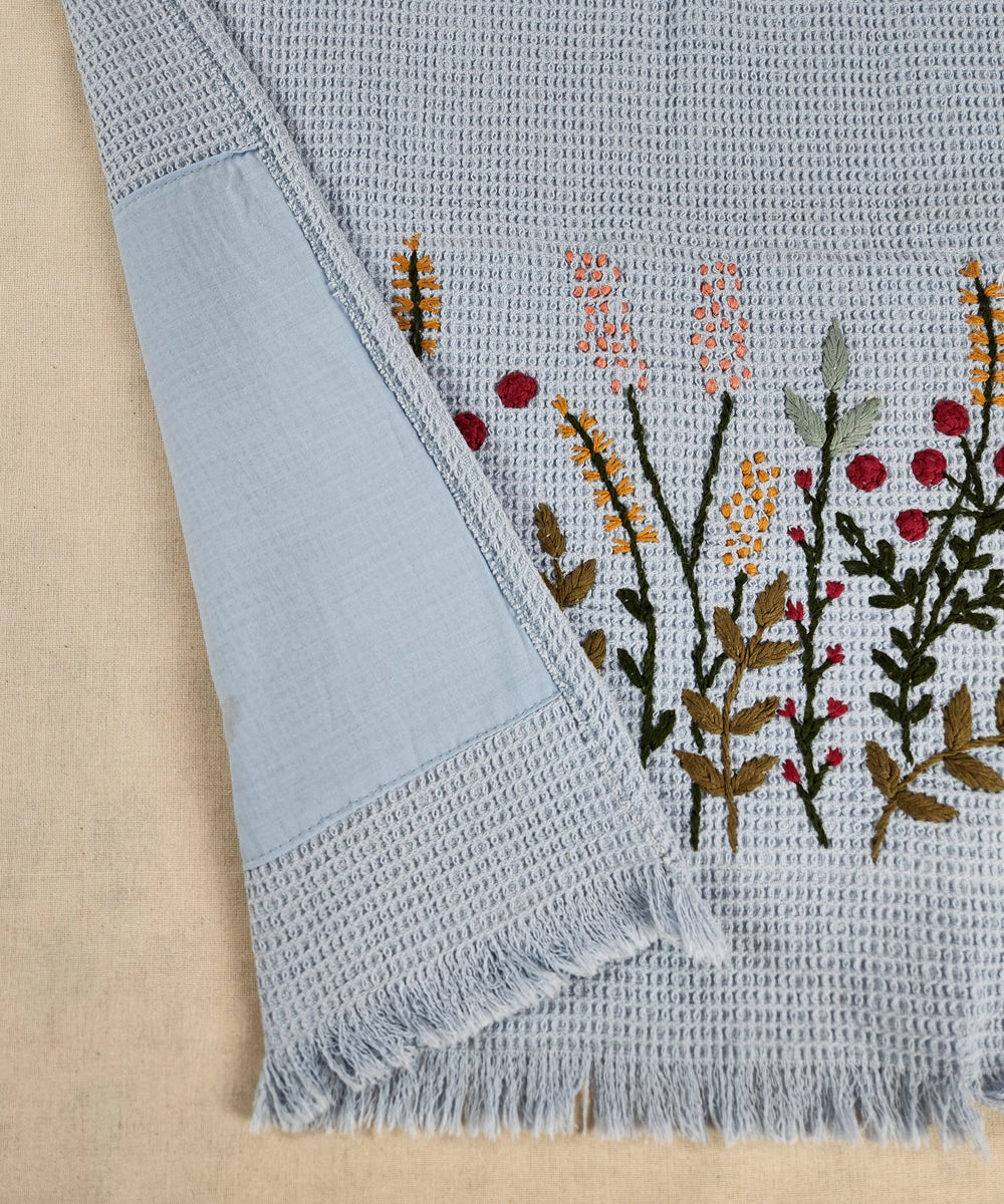 Embroidered Bath Towel | Soft Cotton Waffle | Purplish Blue