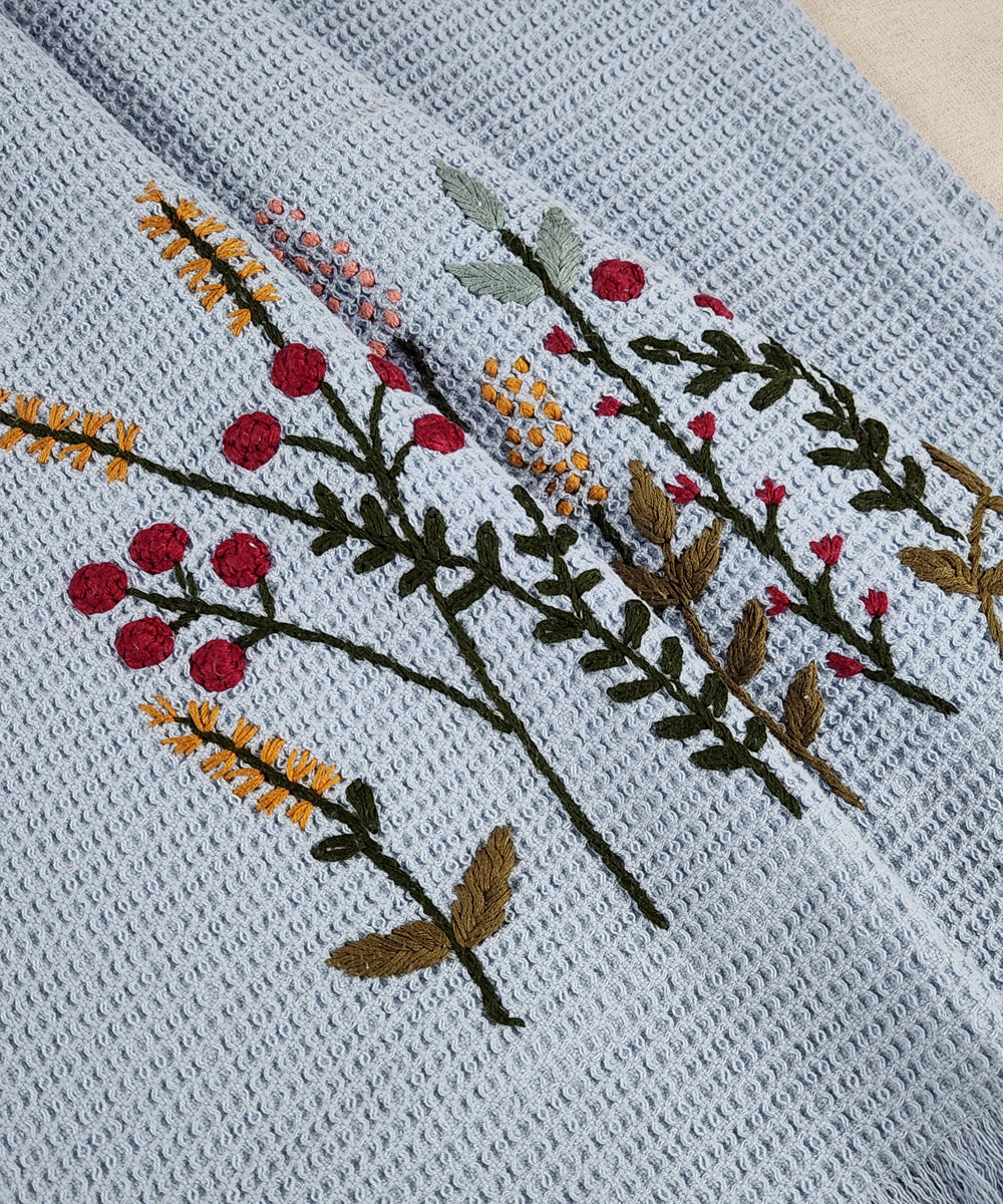 Embroidered Bath Towel | Soft Cotton Waffle | Purplish Blue