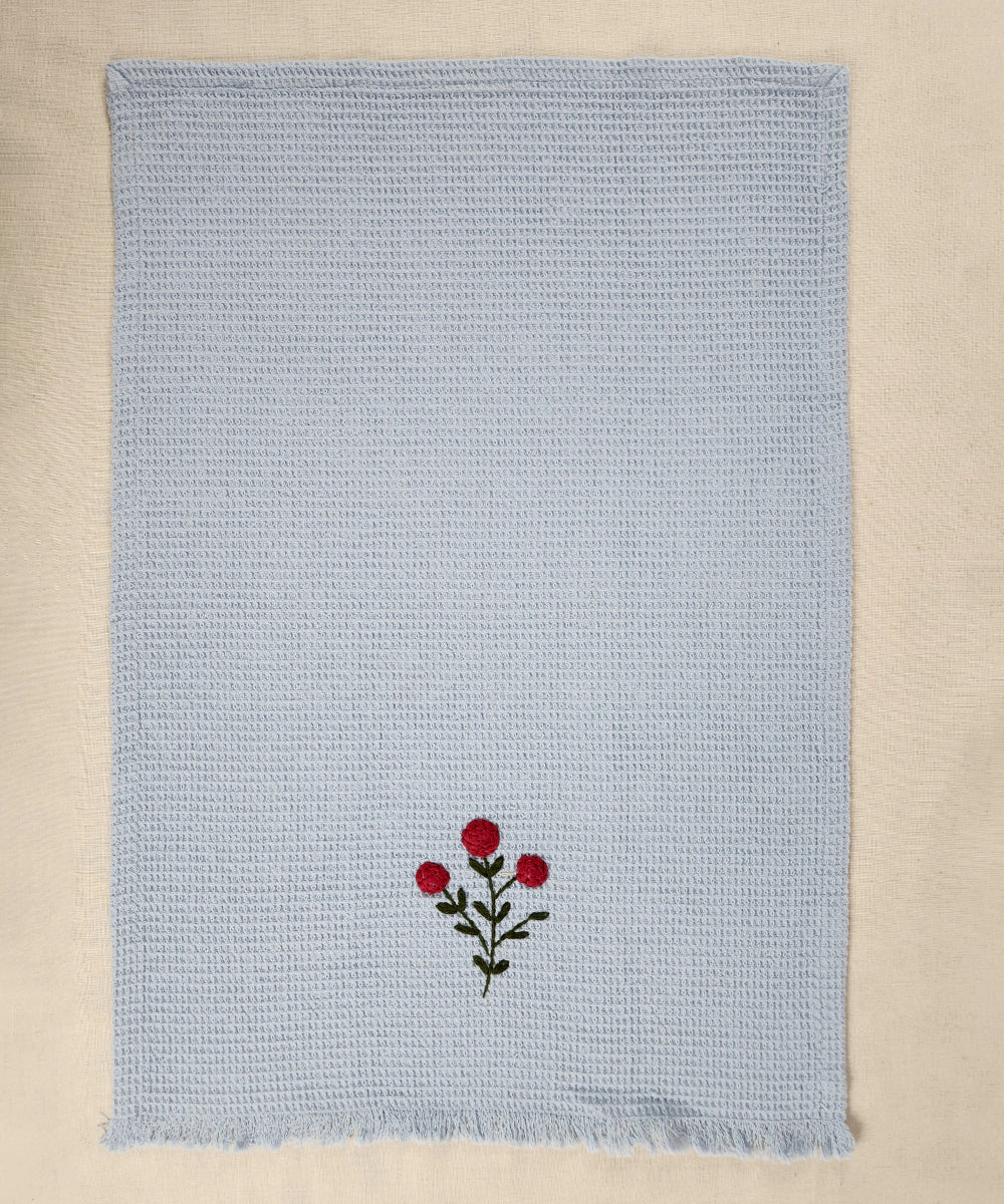 Embroidered Hand Towel - Set of 2 pcs in Cotton Waffle | Purplish Blue