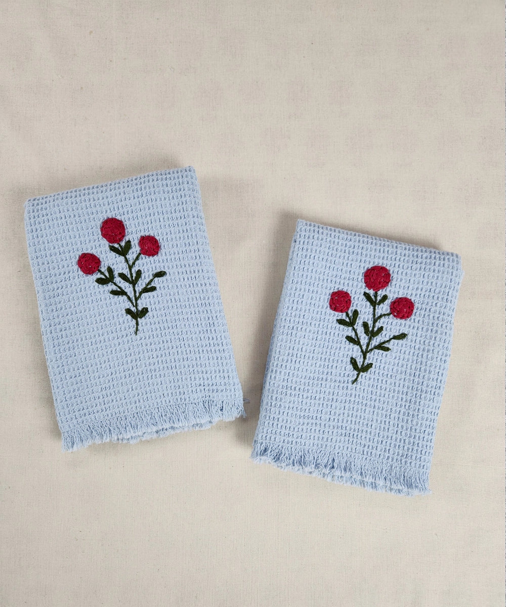 Embroidered Hand Towel - Set of 2 pcs in Cotton Waffle | Purplish Blue