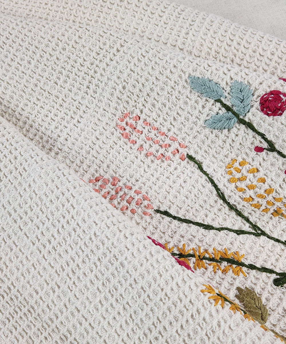 Embroidered Bath Towel | Soft Cotton Waffle | Beige