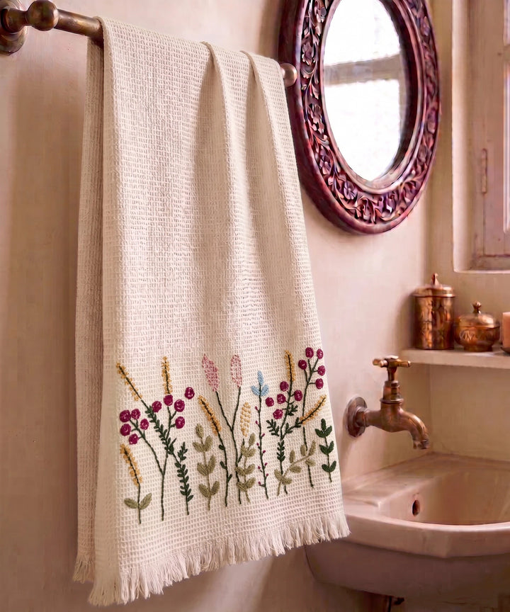 Embroidered Bath Towel | Soft Cotton Waffle | Beige
