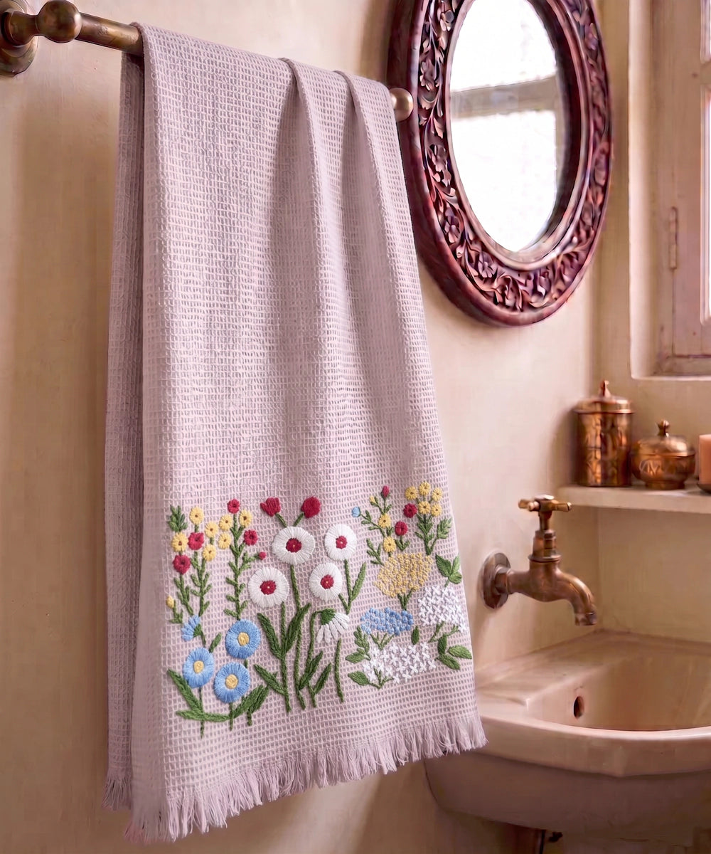 Embroidered Bath Towel | Soft Cotton Waffle | Dusty Pink