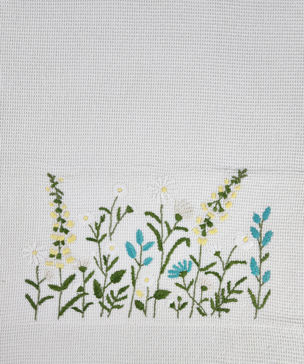 Embroidered Bath Towel | Soft Cotton Waffle | White & Sky Blue