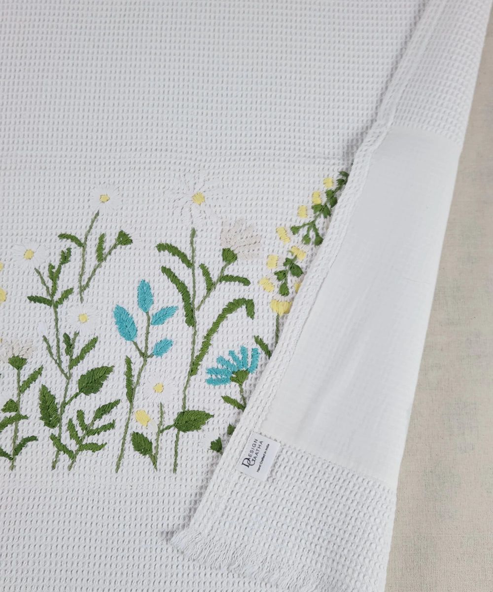 Embroidered Bath Towel | Soft Cotton Waffle | White & Sky Blue