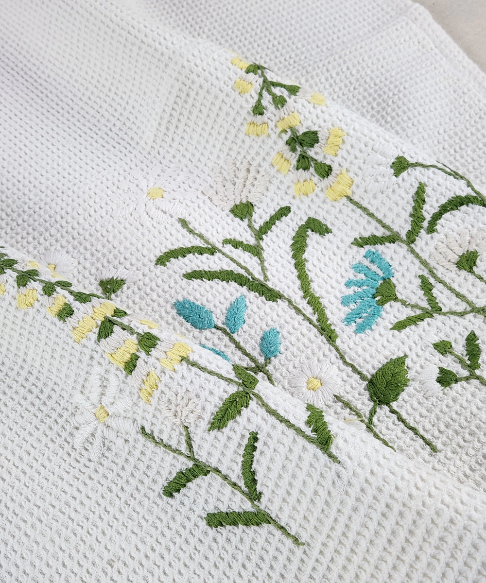 Embroidered Bath Towel | Soft Cotton Waffle | White & Sky Blue