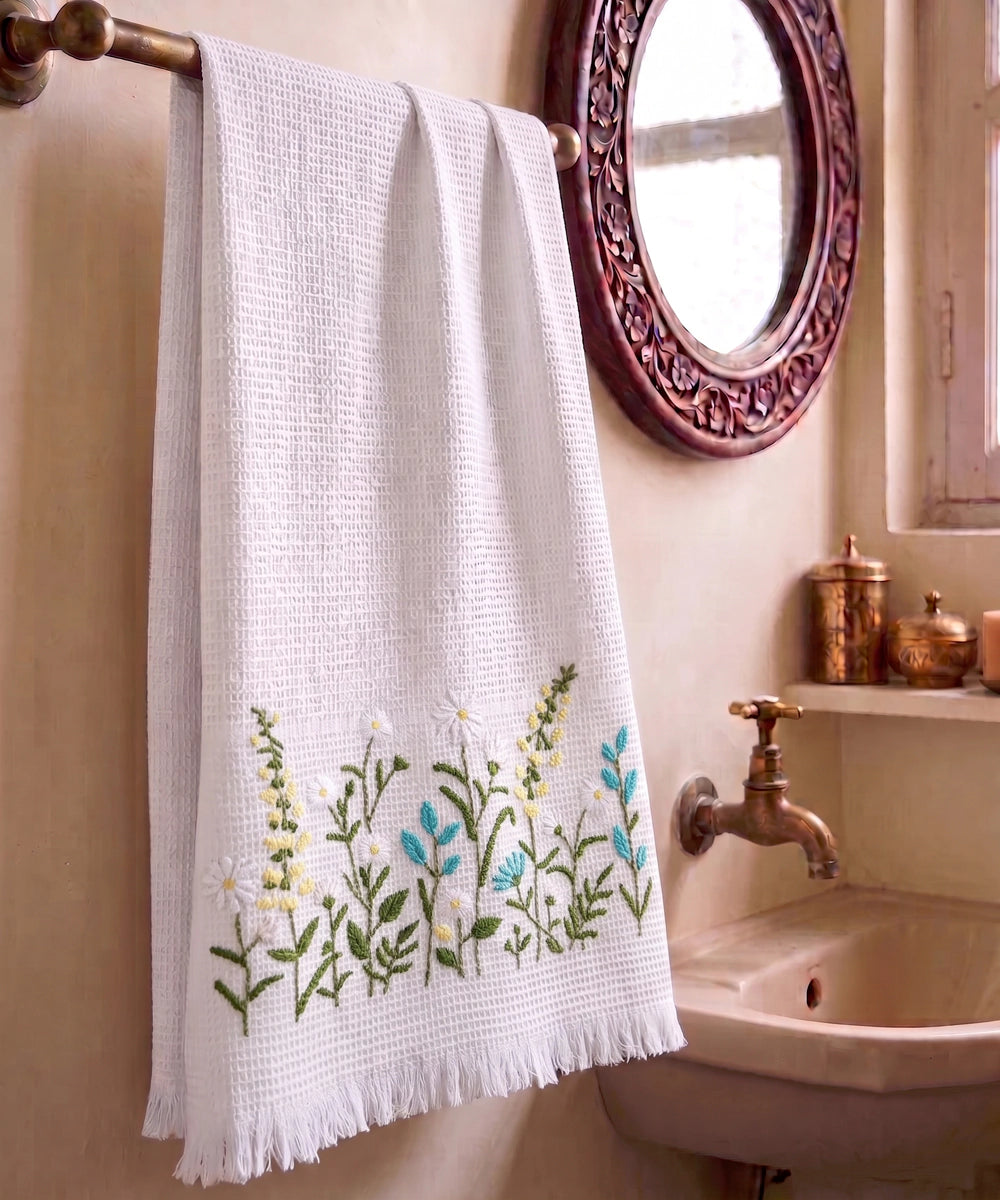 Embroidered Bath Towel | Soft Cotton Waffle | White & Sky Blue