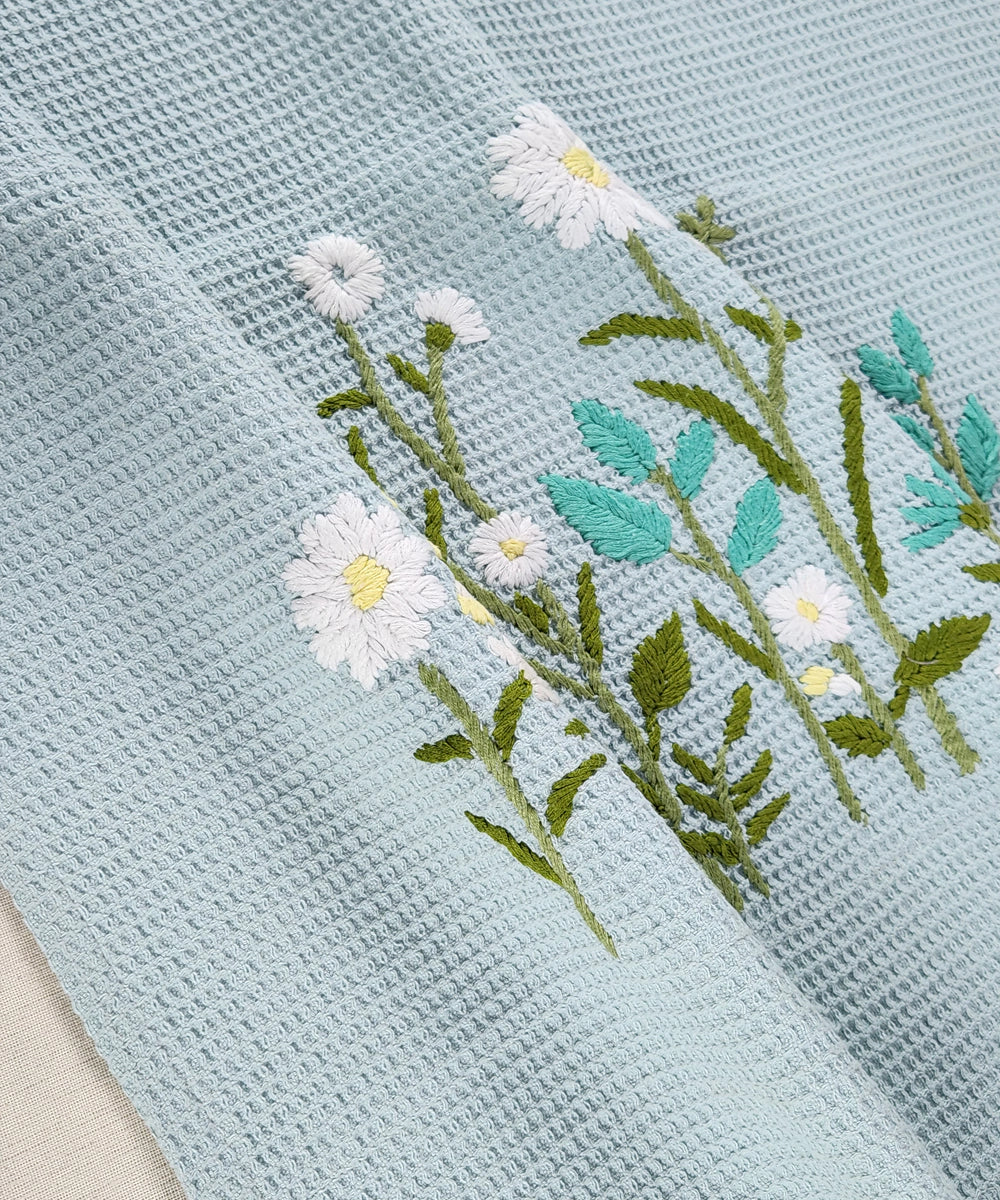 Embroidered Bath Towel | Soft Cotton Waffle | Aqua