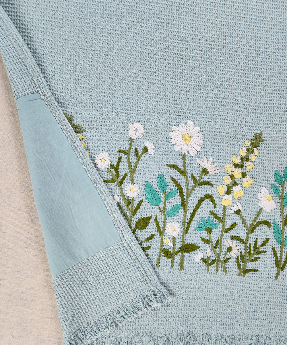 Embroidered Bath Towel | Soft Cotton Waffle | Aqua