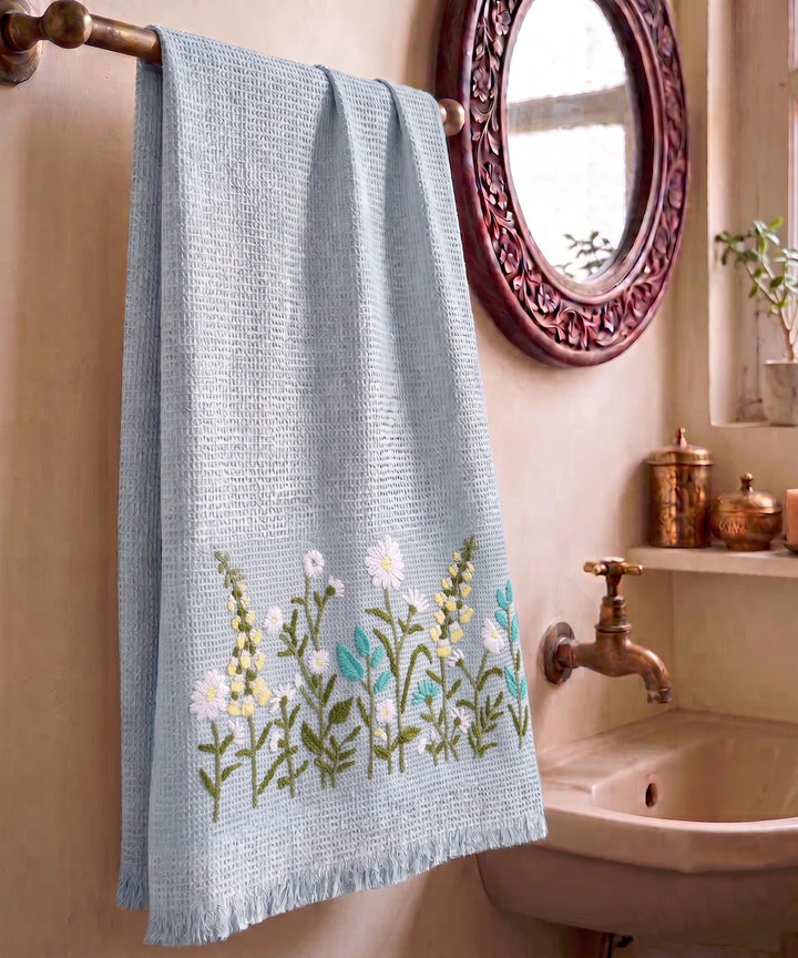 Embroidered Bath Towel | Soft Cotton Waffle | Aqua