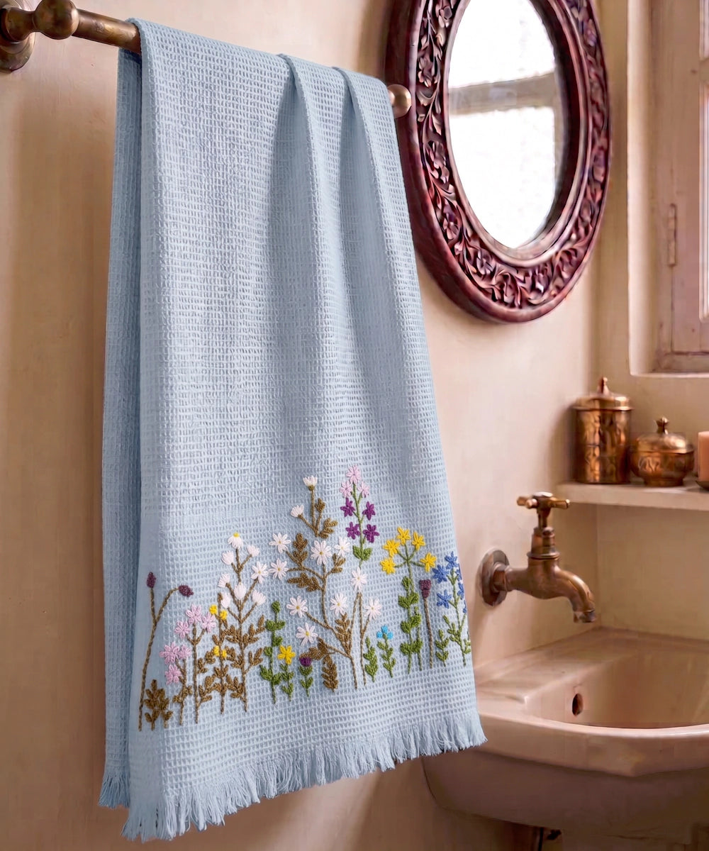 Embroidered Bath Towel | Soft Cotton Waffle | Light Blue