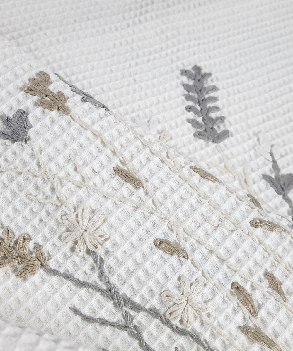 Embroidered Bath Towel | Soft Cotton Waffle | White & Grey