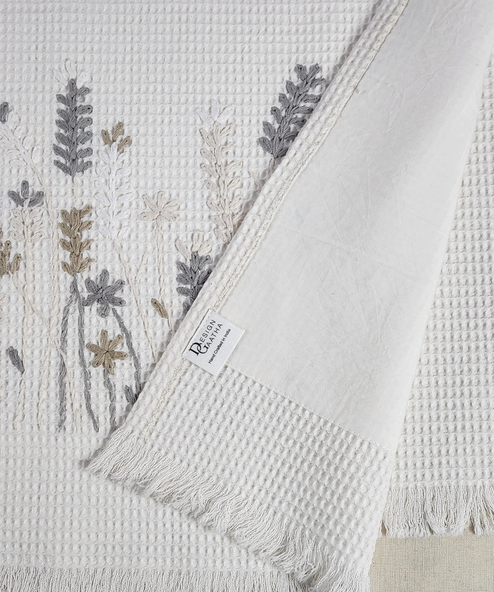 Embroidered Bath Towel | Soft Cotton Waffle | White & Grey